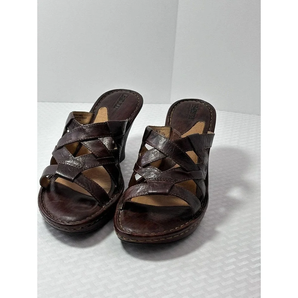 Born Womens Brown‎ Leather Wedge Sandals Shoes W6309 US Size 9 M/W EUR 40.5